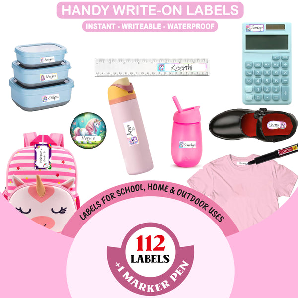 Woopme Waterproof Unicorn Name Labels for Kids | School Supply Stickers for Lunch Boxes, Clothing & More | Includes 2 Bag Tags and 1 Name Badge