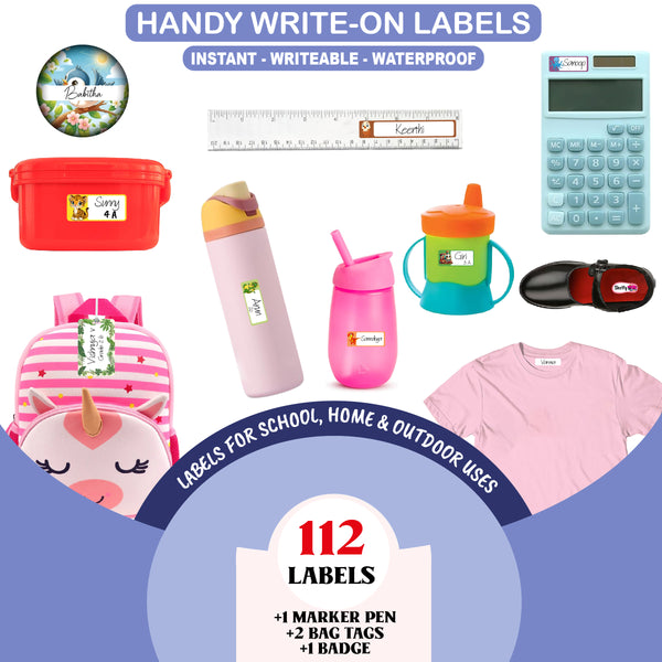 Woopme Waterproof Name Labels for Kids – Adorable & Playful Cartoon Animal Theme | Stickers for Lunch Boxes, Clothing, School Supplies | Includes 2 Bag Tags & 1 Badge