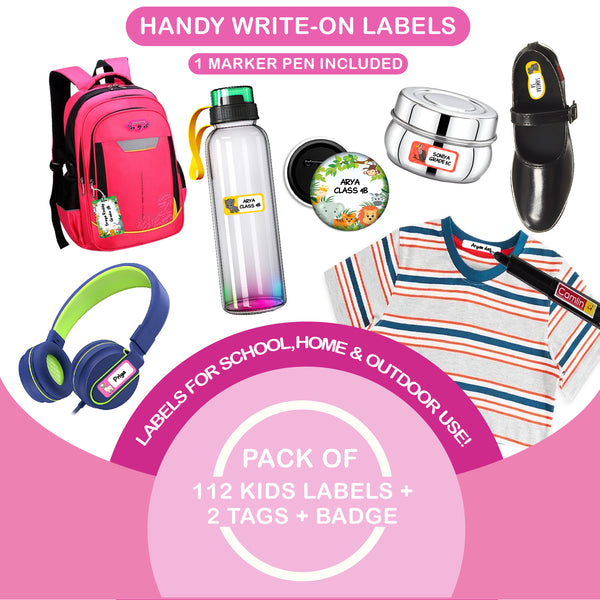 Woopme Durable Waterproof Name Stickers for Kids – Fun Cartoon Designs | Ideal for School Supplies, Lunch Boxes, Clothing | Comes with 2 Bag Tags & 1 Name Badge