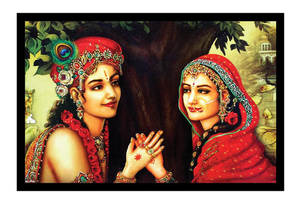 Woopme : Radha Krishna Synthetic Wood Wall Hanging Photo Framed Poster Home Living Room L x H 13 Inches x 9.5 Inches