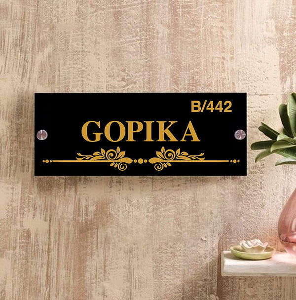 Historical Flower Underline Personalized Name Plates for Home Door Outdoor Customized Laminated Name Board House Apartment Glass Door Number (31 cm X 13 cm)