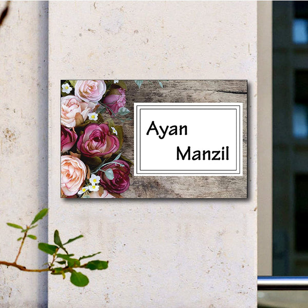 Theme Flowers Customized Personalized Printed Name Plate Door Multicolored For Home Outdoor Family Glass Home Outside Office House Decor Bungalow Door (19 X 30 CMS)