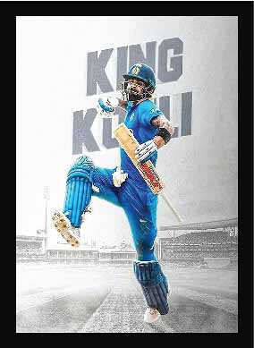 King Virat Kohli Wall Hanging Synthetic Wood Photo Framed with Poster Living Room Boys Room Living Bedroom Home Room Laminated Frames